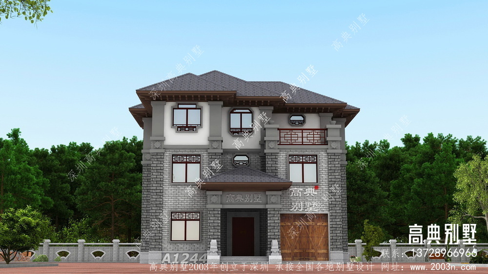 中式三层别墅配车库，占地194平户型大小适中