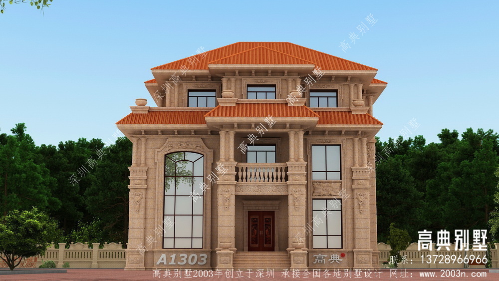 欧式风格三层自建复式石材别墅效果图
