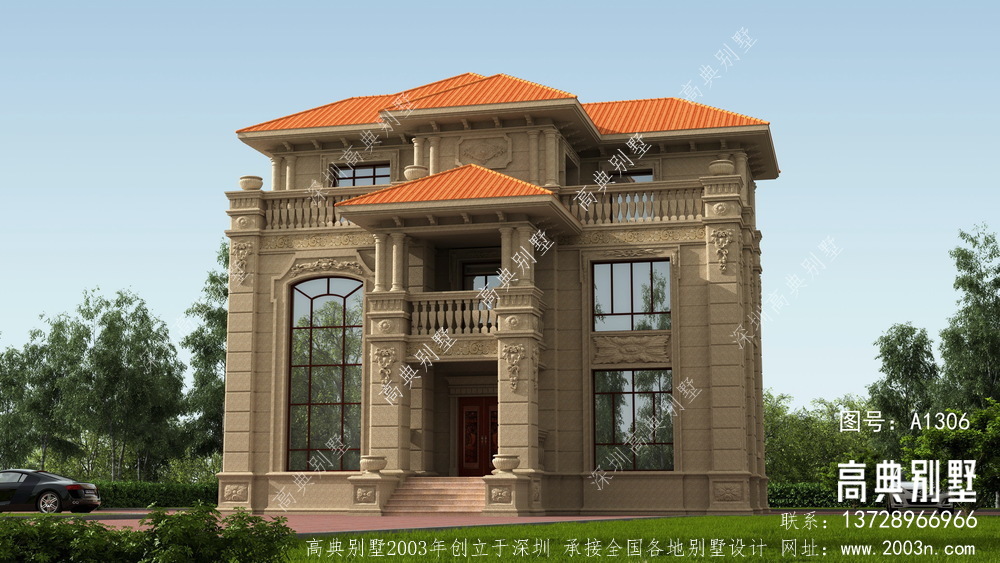 欧式经典风格三层石材别墅外观效果图