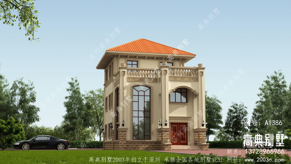 三楼别墅的外观照片和设计图，户型实用