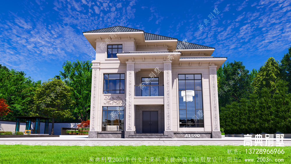两层半的别墅非常流行，这款中式别墅外观属于新中式设计