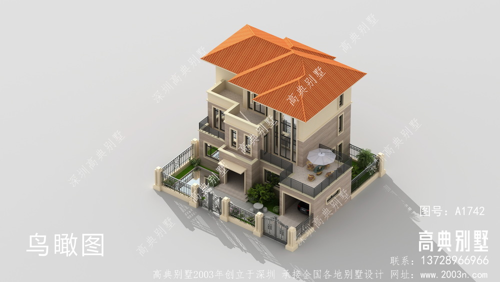 带院子欧式风格三层别墅效果图