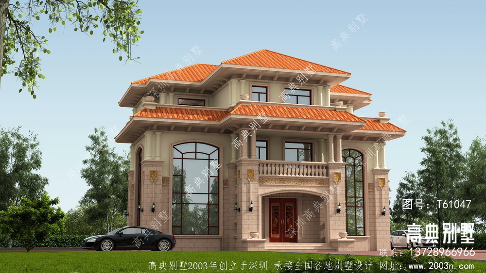 欧式风格三层别墅外墙贴石材设计图纸