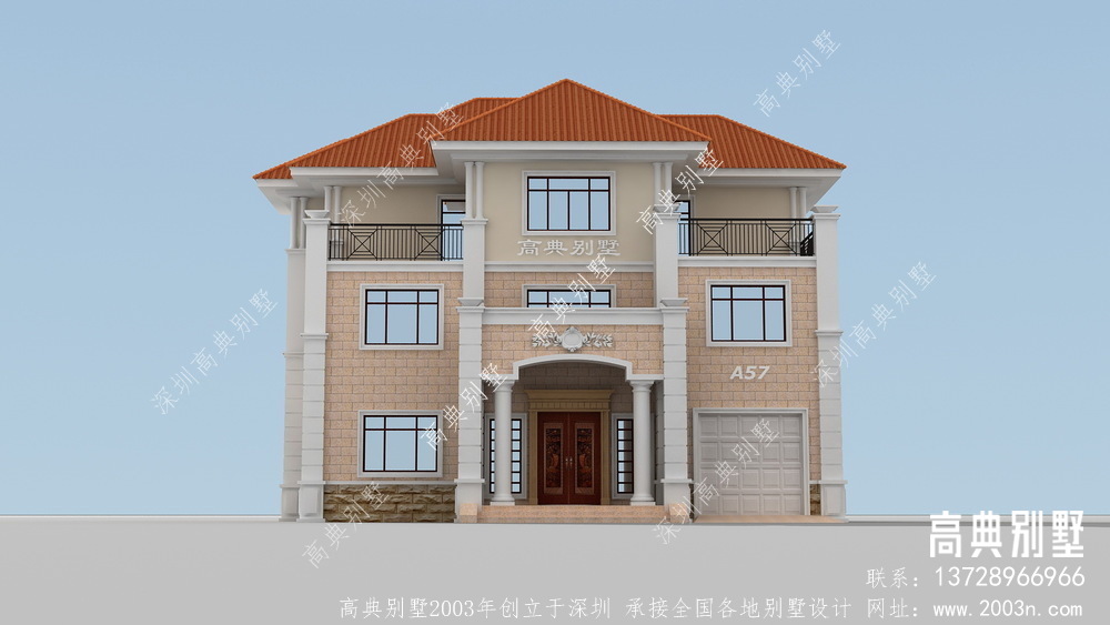 农村三层带车库别墅图，配露台